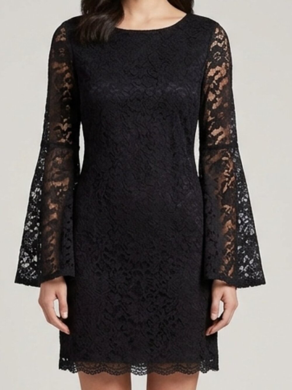 NWT Tacera Black Floral Lace Bell Sleeve Shift Dress Cocktail Mini Large $69